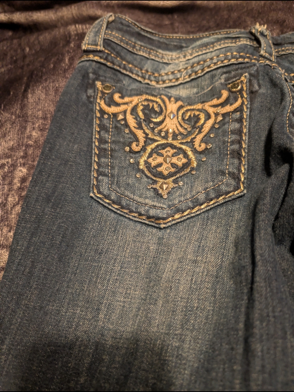 Miss Me Dark Blue Skinny Jeans with Gold Embroidered Pocket